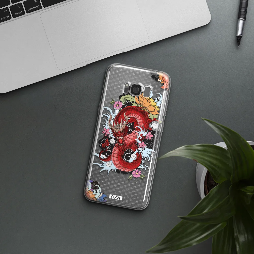 a red dragon with flowers and clouds Samsung S8 Clear TPU Case