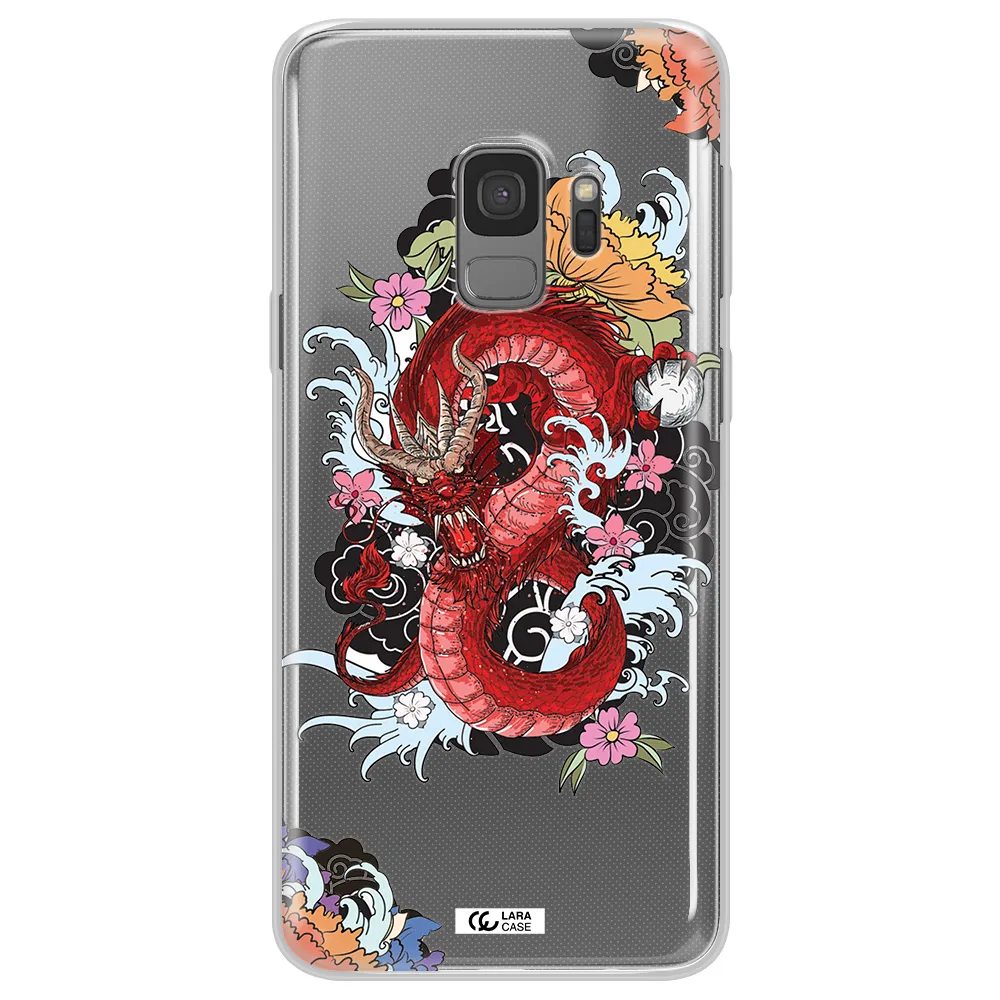 a red dragon with flowers and clouds Samsung S9 Clear TPU Case