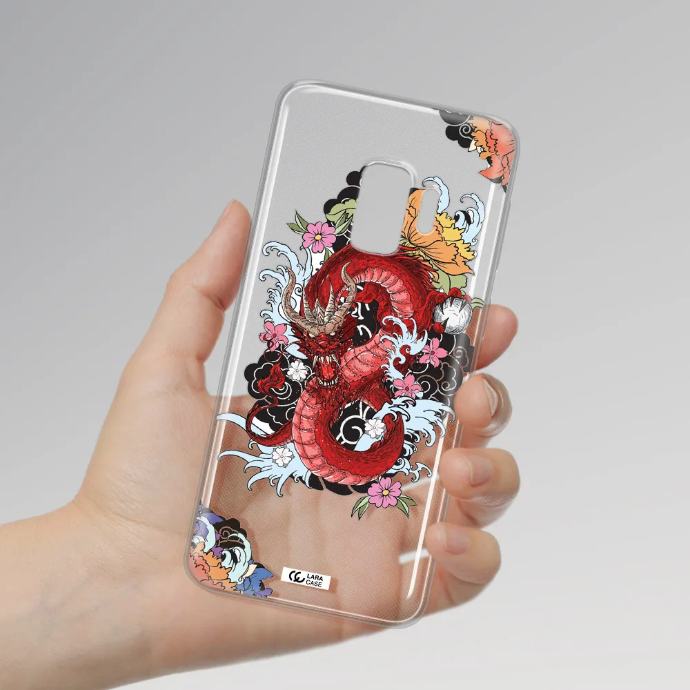 a red dragon with flowers and clouds Samsung S9 Clear TPU Case