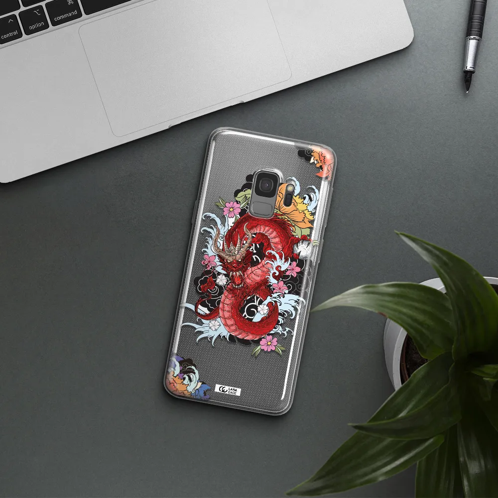 a red dragon with flowers and clouds Samsung S9 Clear TPU Case