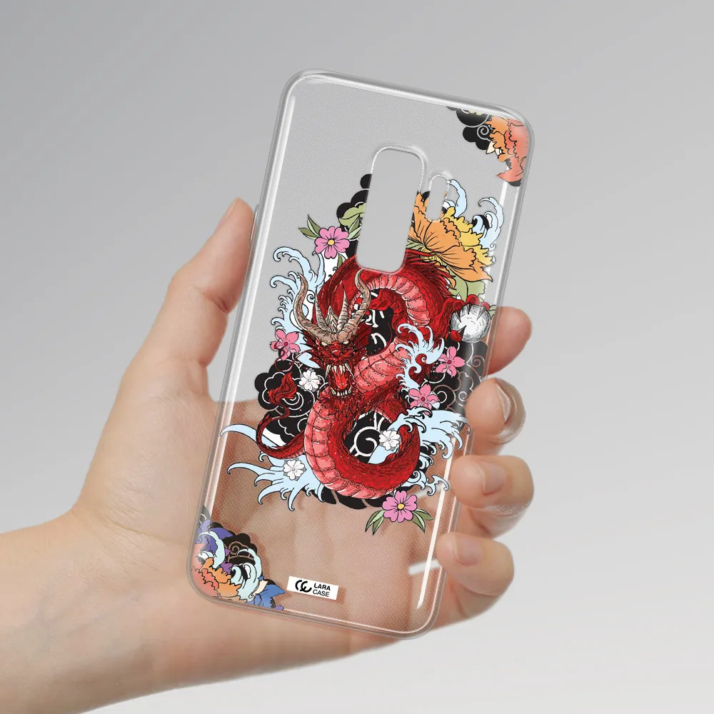 a red dragon with flowers and clouds Samsung S9 Plus Clear TPU Case