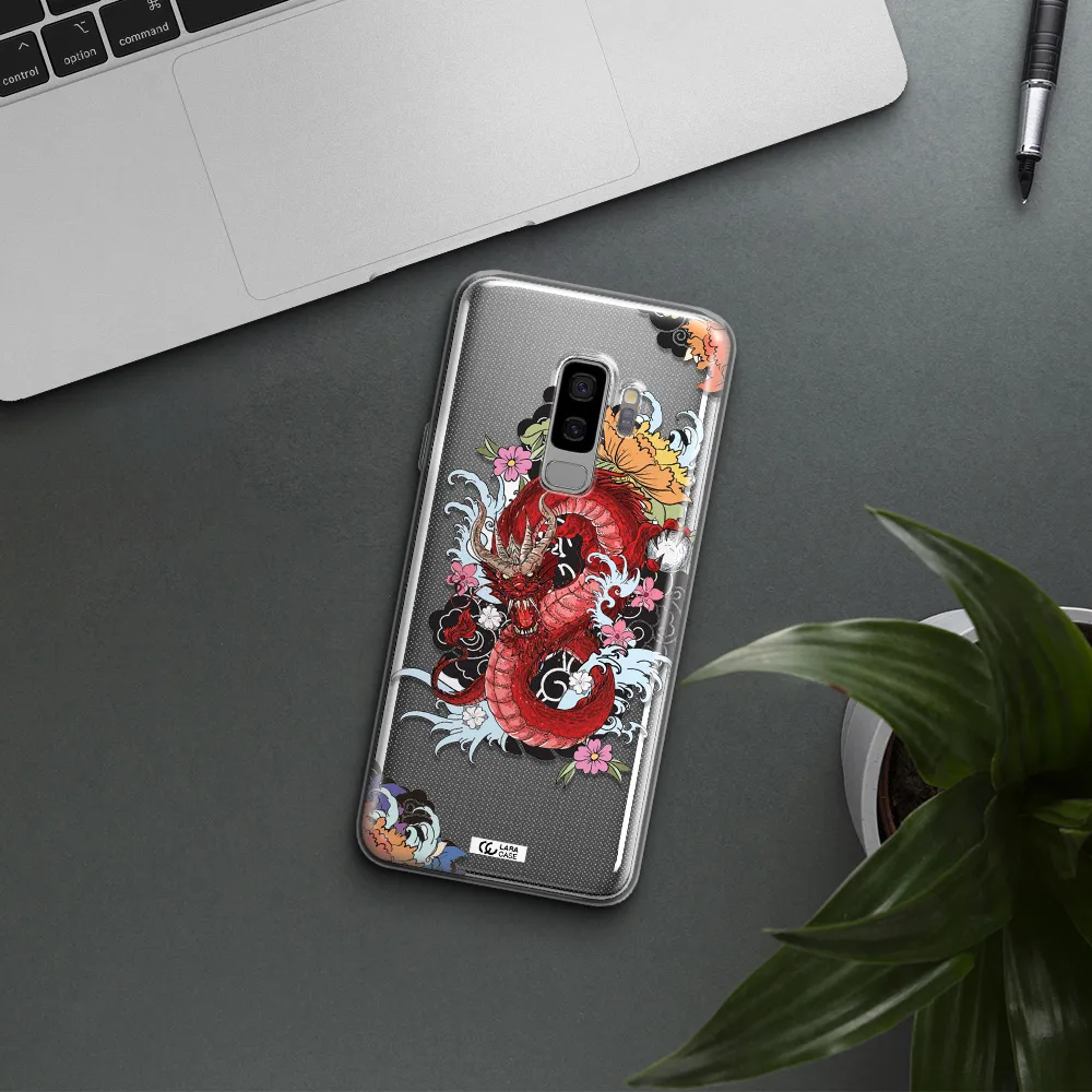 a red dragon with flowers and clouds Samsung S9 Plus Clear TPU Case
