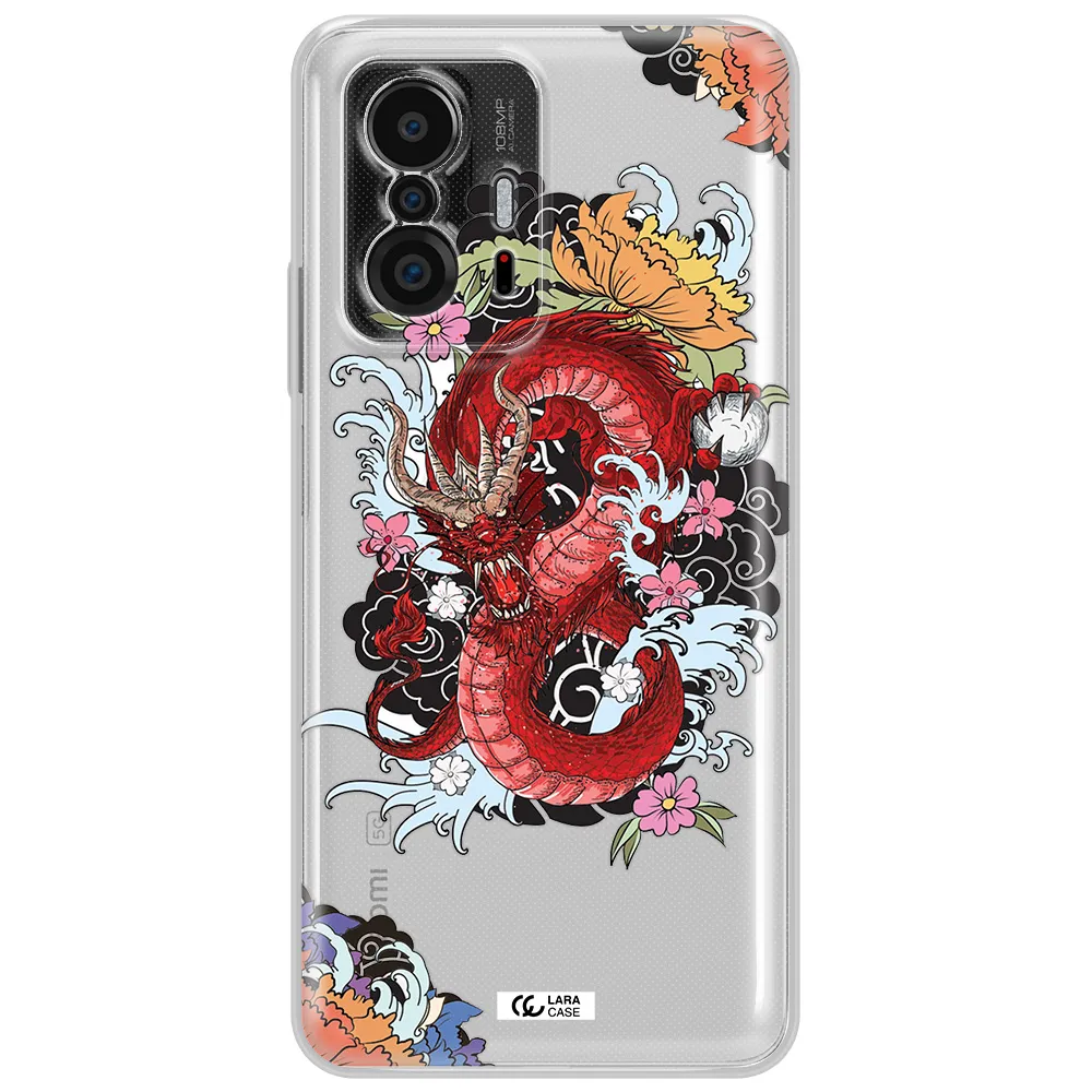 A Red Dragon With Flowers And Clouds Xiaomi 11T Clear Tpu Case
