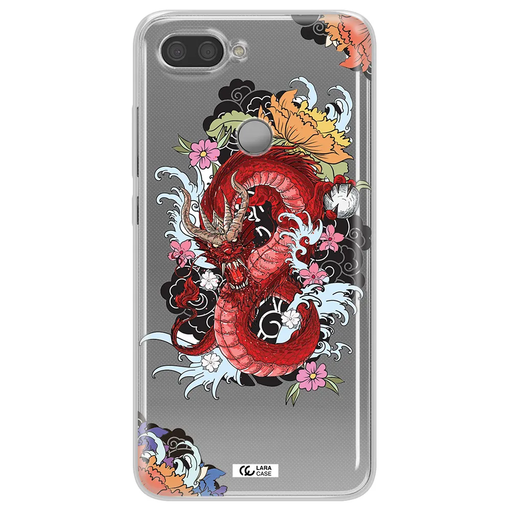 a red dragon with flowers and clouds Xiaomi Mi 8 Lite Clear TPU Case