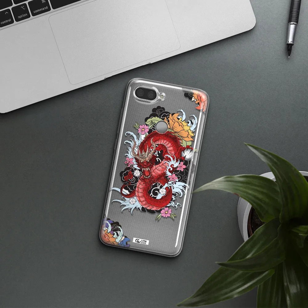 a red dragon with flowers and clouds Xiaomi Mi 8 Lite Clear TPU Case