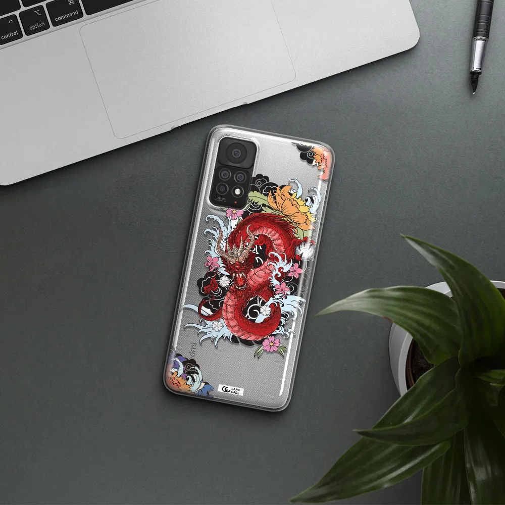 a red dragon with flowers and clouds Xiaomi Note 11 Pro Clear TPU Case