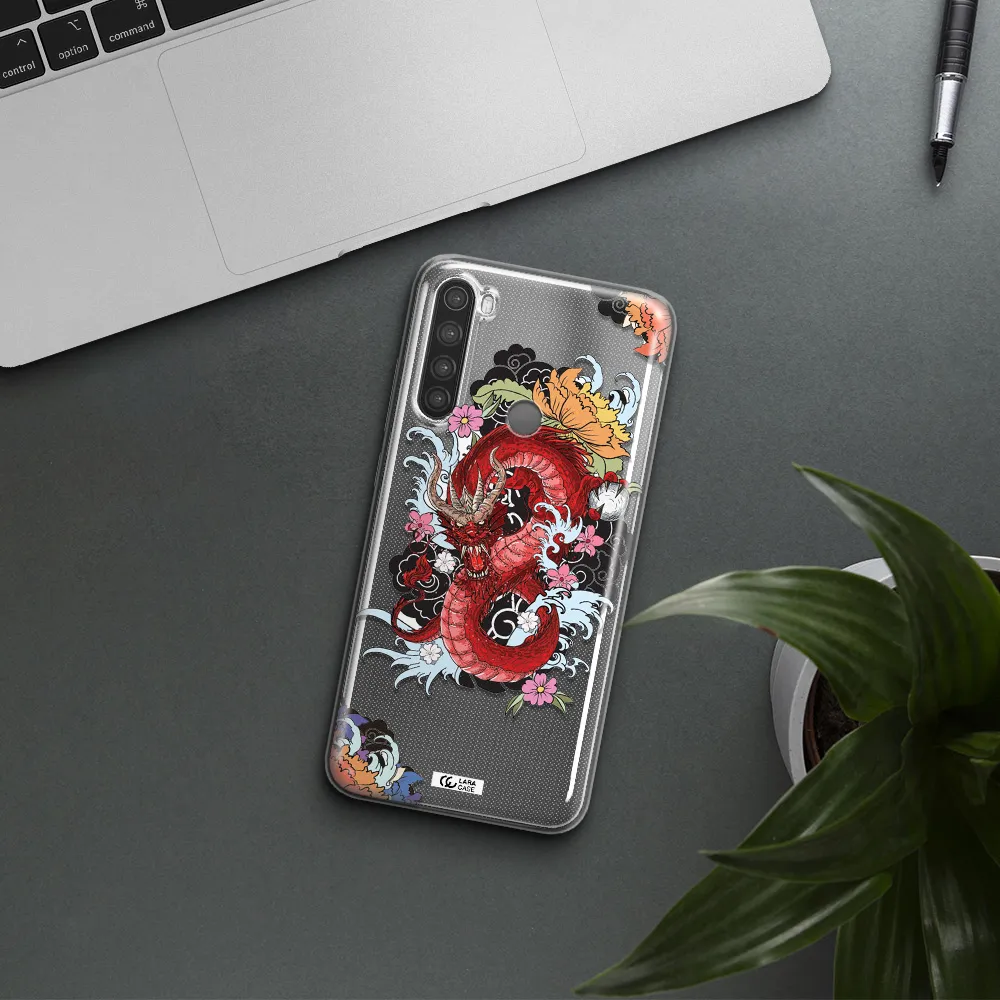 a red dragon with flowers and clouds Xiaomi Note 8 Clear TPU Case