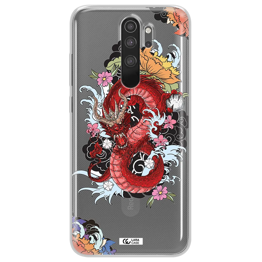 a red dragon with flowers and clouds Xiaomi Note 8 Pro Clear TPU Case