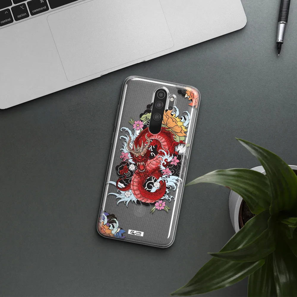 a red dragon with flowers and clouds Xiaomi Note 8 Pro Clear TPU Case