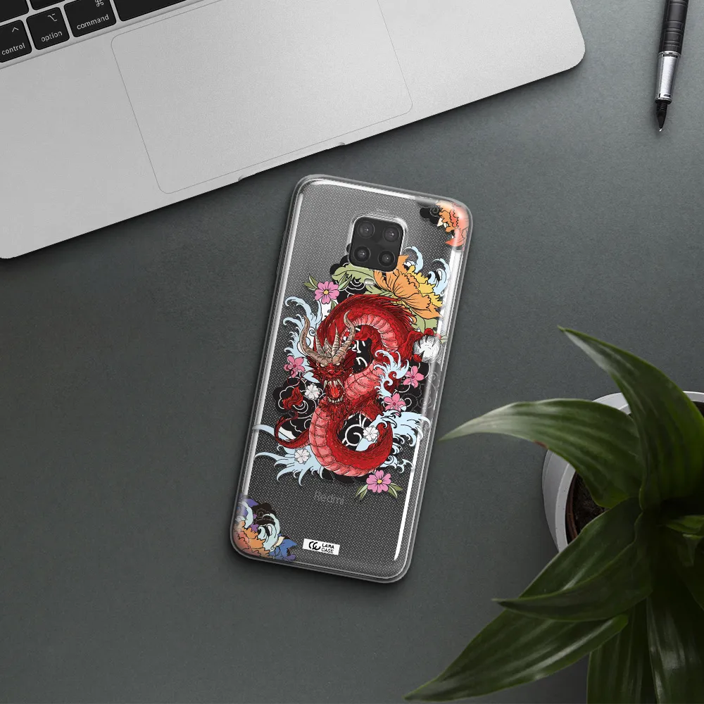 a red dragon with flowers and clouds Xiaomi Note 9 Pro Clear TPU Case