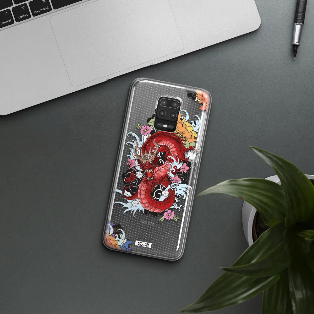 a red dragon with flowers and clouds Xiaomi Note 9S Clear TPU Case