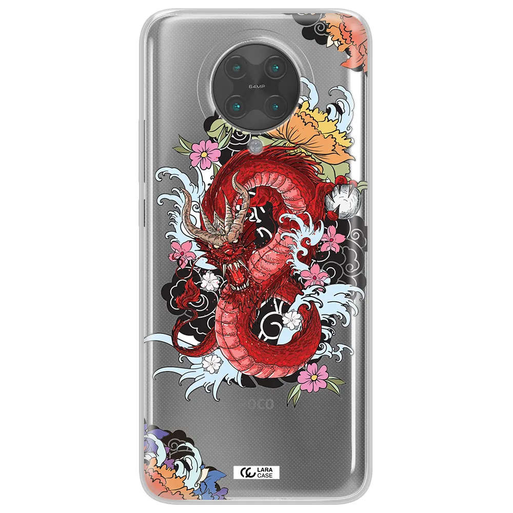 a red dragon with flowers and clouds Xiaomi Poco F2 Pro Clear TPU Case