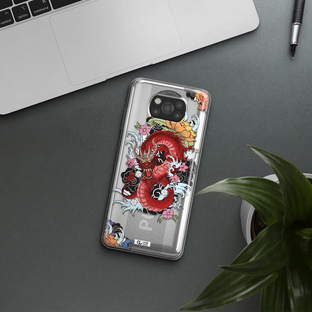 a red dragon with flowers and clouds Xiaomi Poco X3 Clear TPU Case