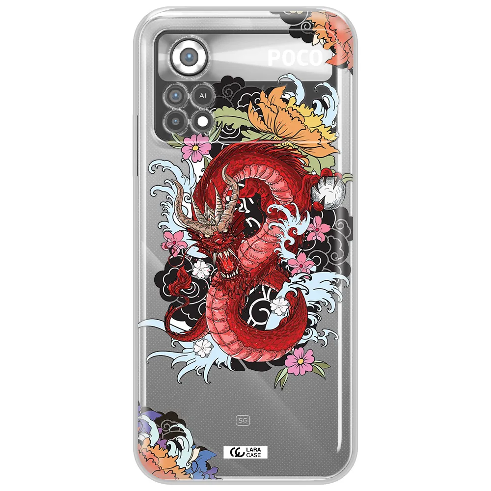 a red dragon with flowers and clouds Xiaomi Poco X4 Pro Clear TPU Case