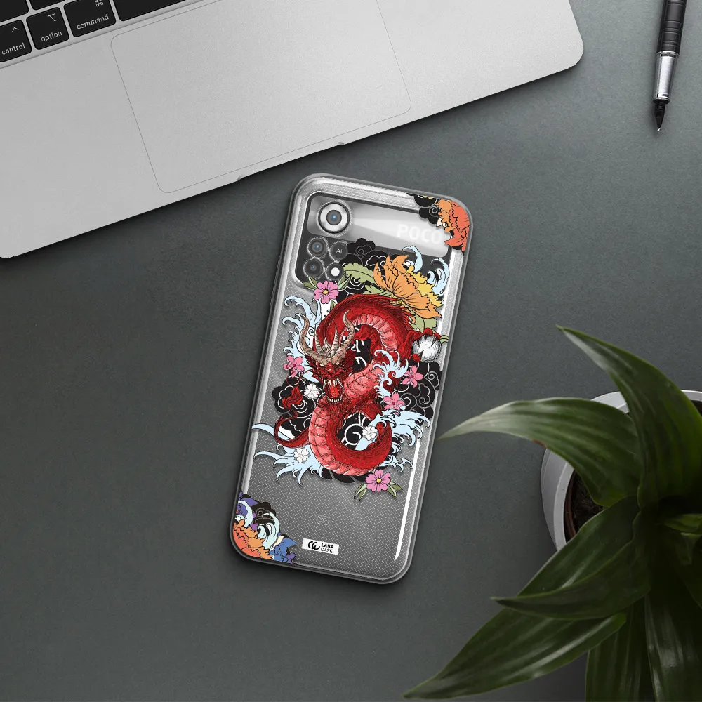 a red dragon with flowers and clouds Xiaomi Poco X4 Pro Clear TPU Case