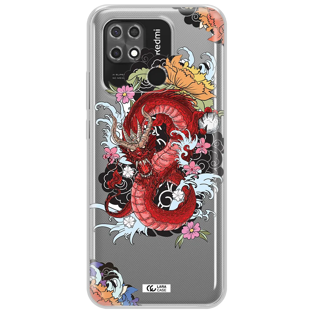 a red dragon with flowers and clouds Xiaomi Redmi 10C Clear TPU Case
