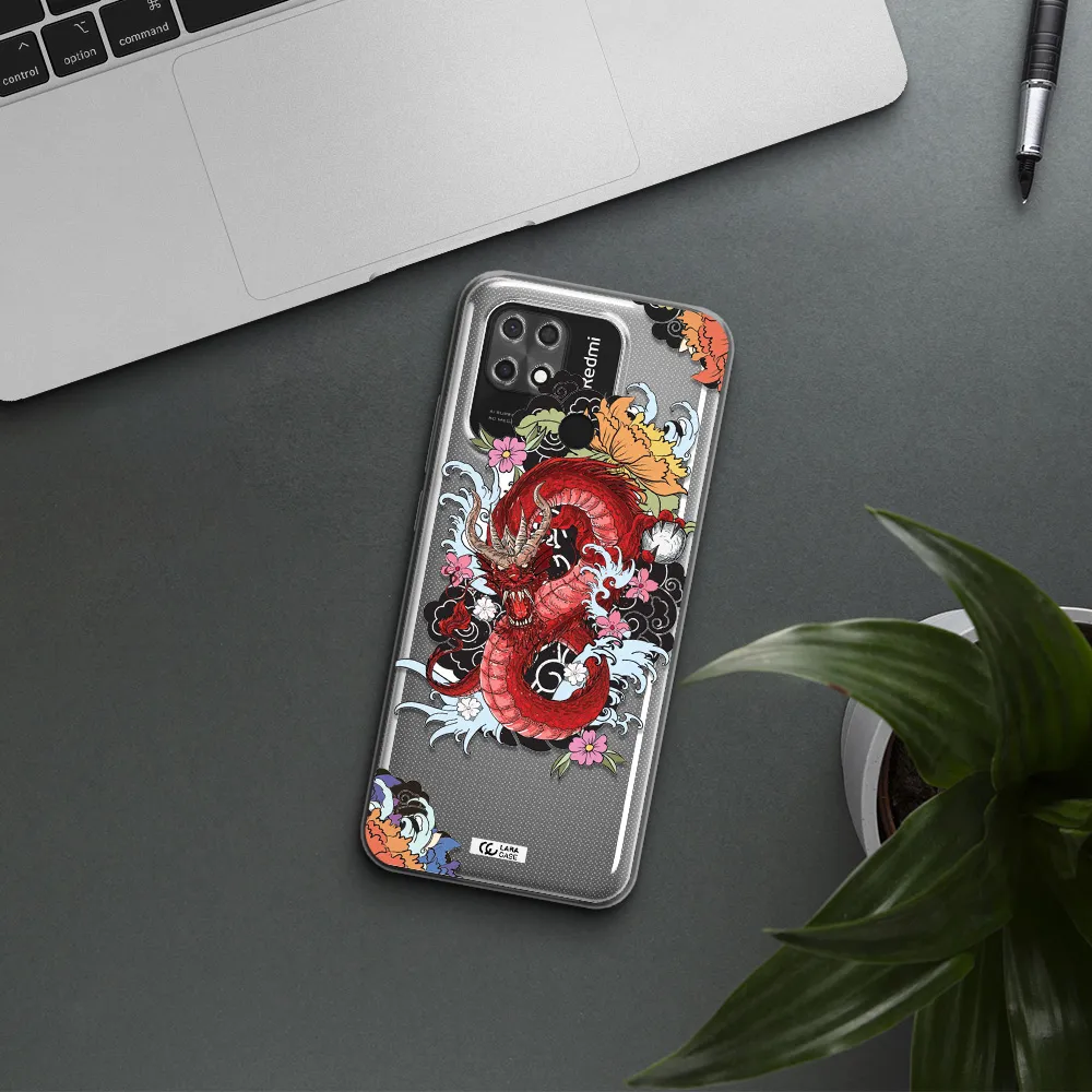 a red dragon with flowers and clouds Xiaomi Redmi 10C Clear TPU Case
