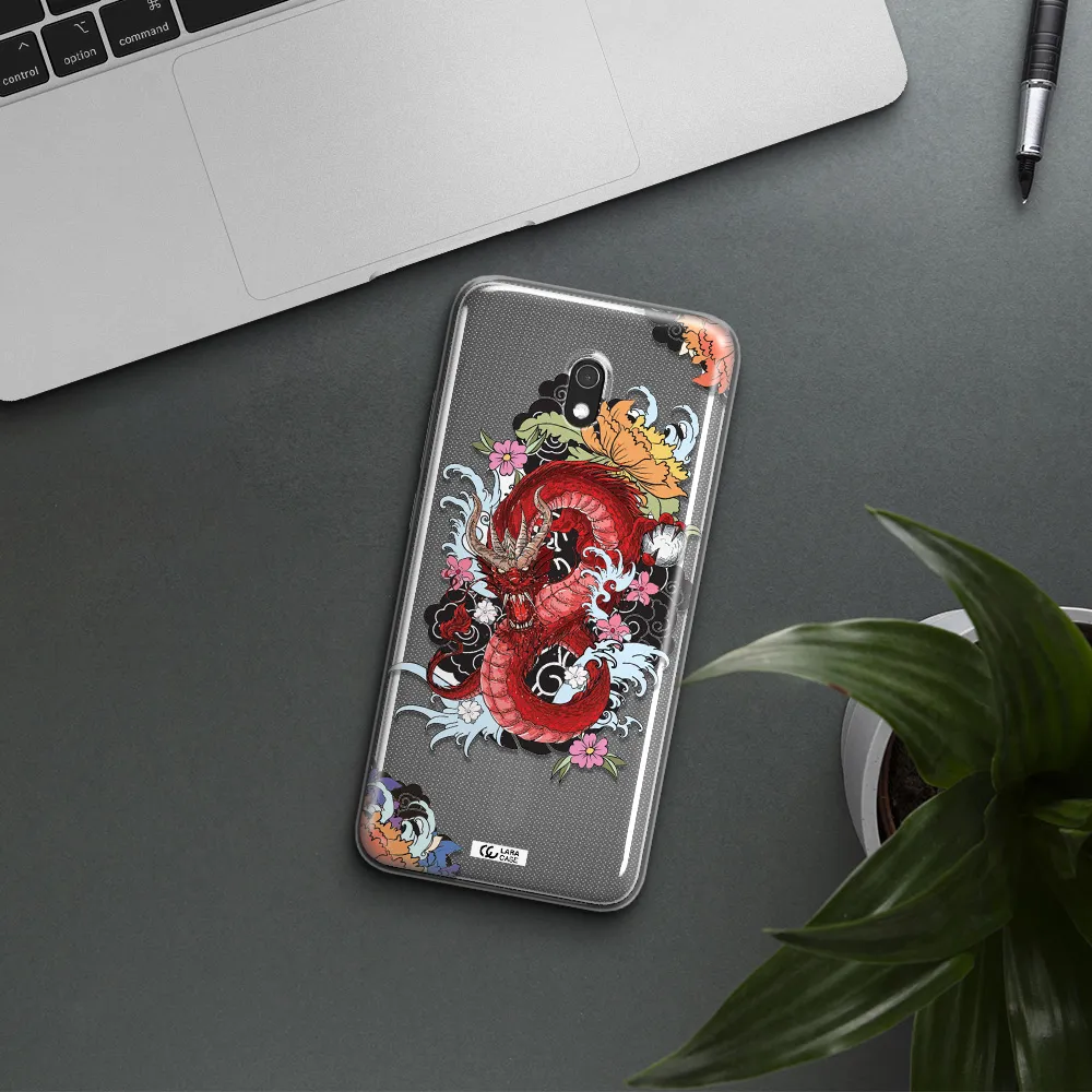 a red dragon with flowers and clouds Xiaomi Redmi 8A Clear TPU Case