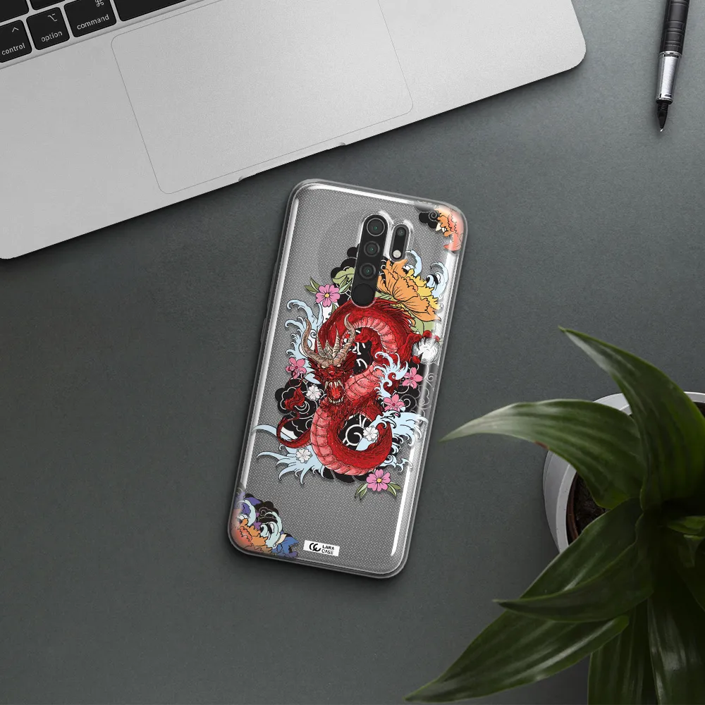 a red dragon with flowers and clouds Xiaomi Redmi 9 Clear TPU Case