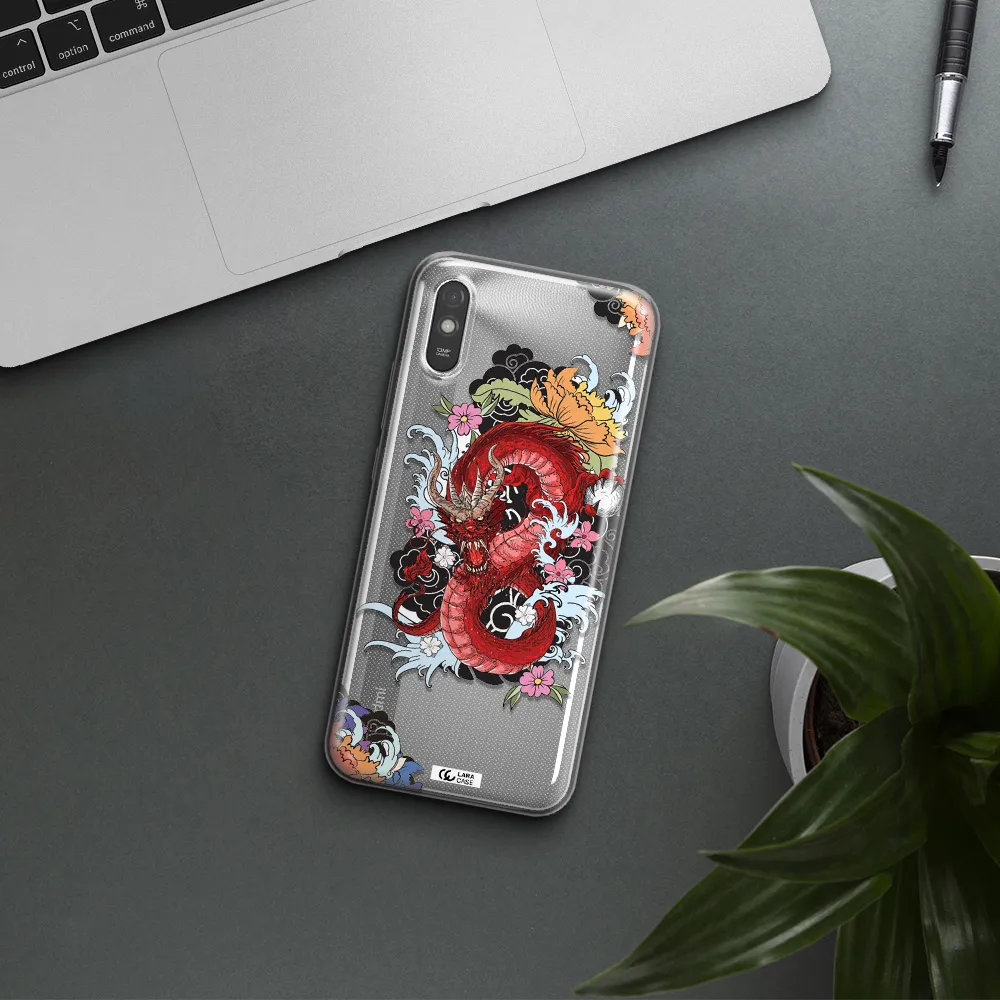 a red dragon with flowers and clouds Xiaomi Redmi 9A Clear TPU Case