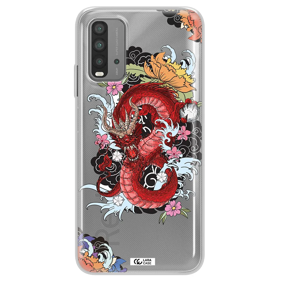a red dragon with flowers and clouds Xiaomi Redmi 9T Clear TPU Case