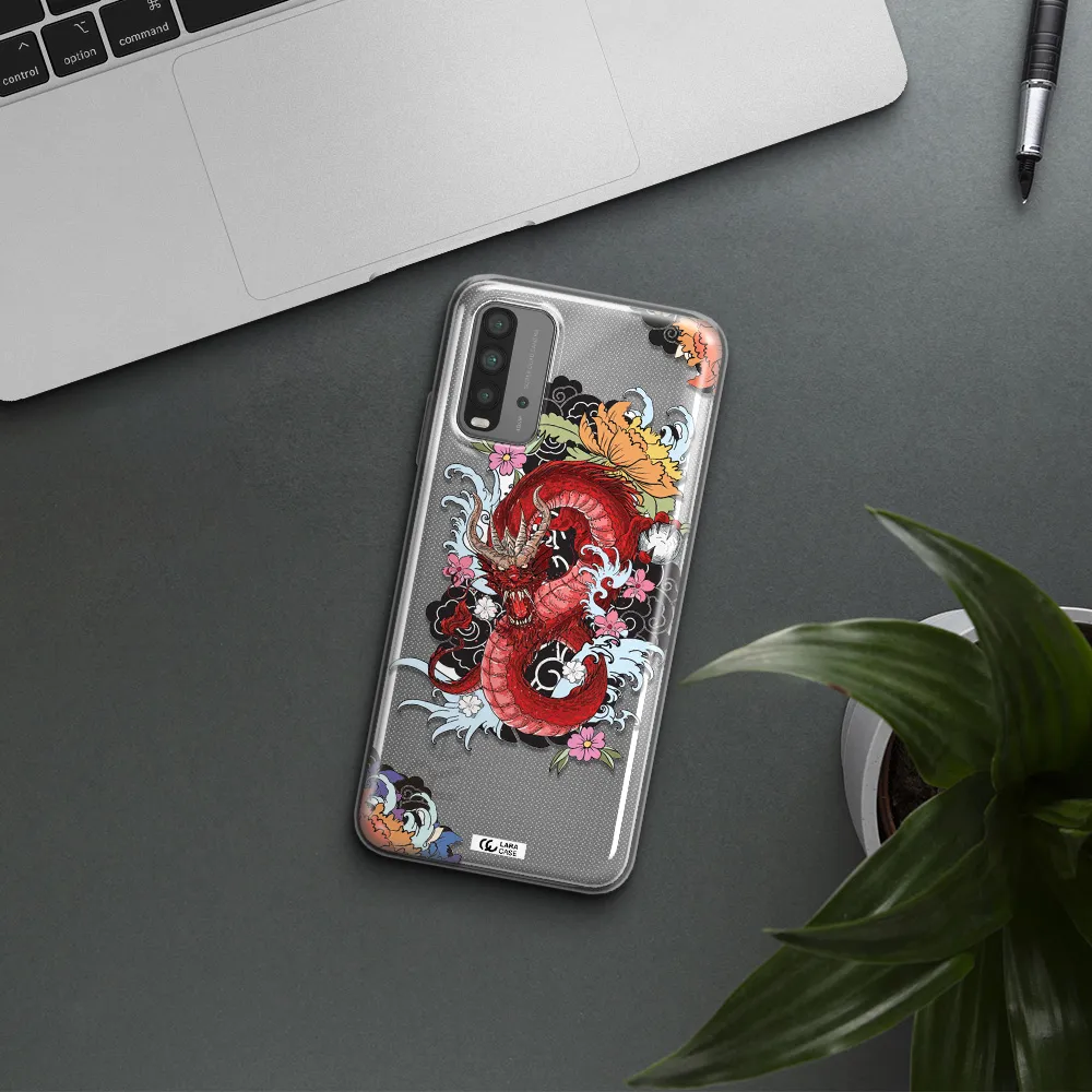 a red dragon with flowers and clouds Xiaomi Redmi 9T Clear TPU Case