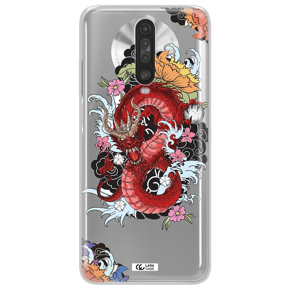 a red dragon with flowers and clouds Xiaomi Redmi K30 Clear TPU Case