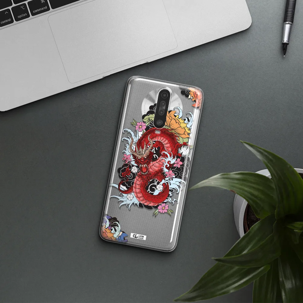 a red dragon with flowers and clouds Xiaomi Redmi K30 Clear TPU Case