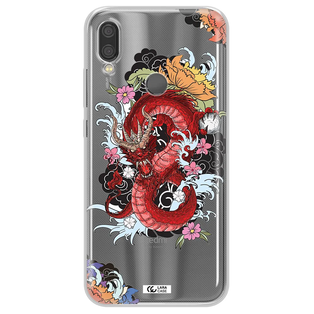 a red dragon with flowers and clouds Xiaomi Redmi Note 7 Clear TPU Case