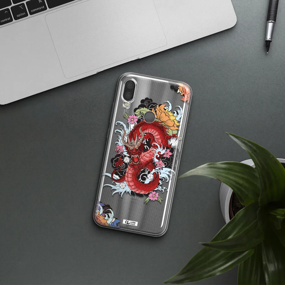 a red dragon with flowers and clouds Xiaomi Redmi Note 7 Clear TPU Case