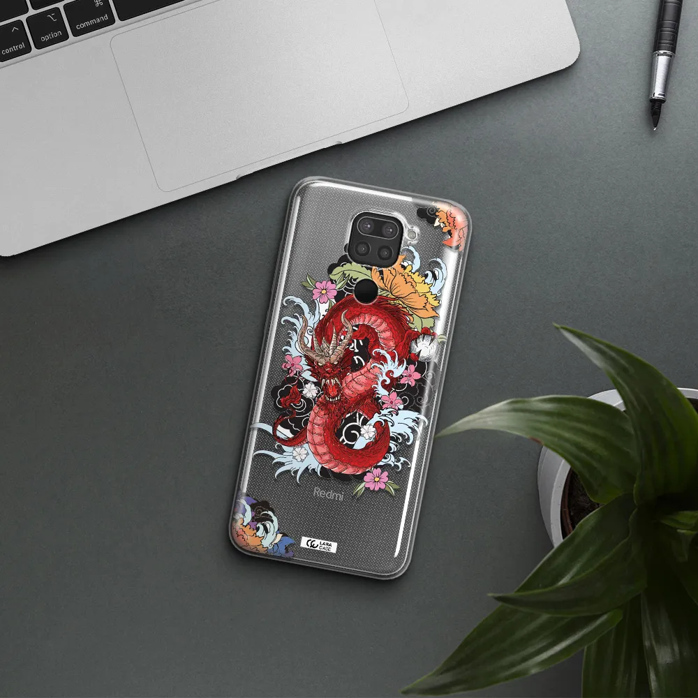 a red dragon with flowers and clouds Xiaomi Redmi Note 9 Clear TPU Case