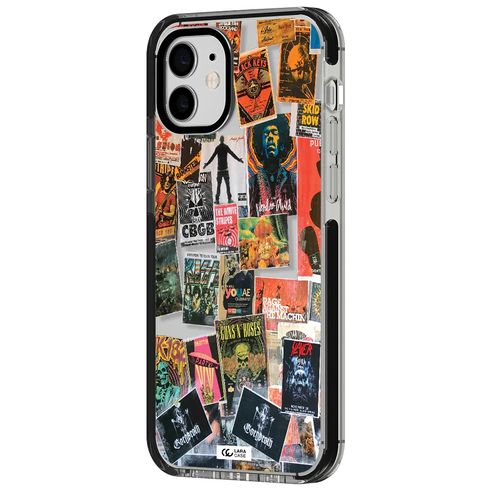 a collection of posters on a wall Apple iPhone 11 impact black border Case