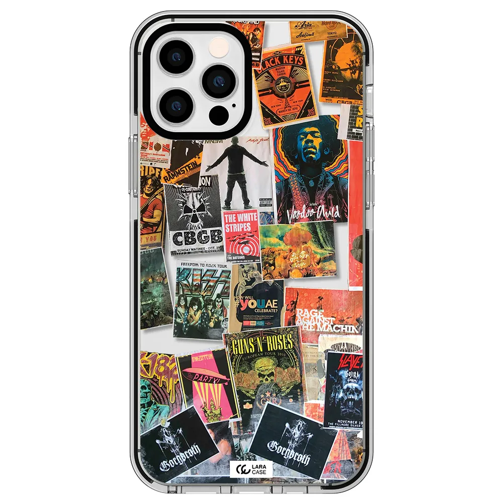 a collection of posters on a wall Apple iPhone 12 pro impact black border Case