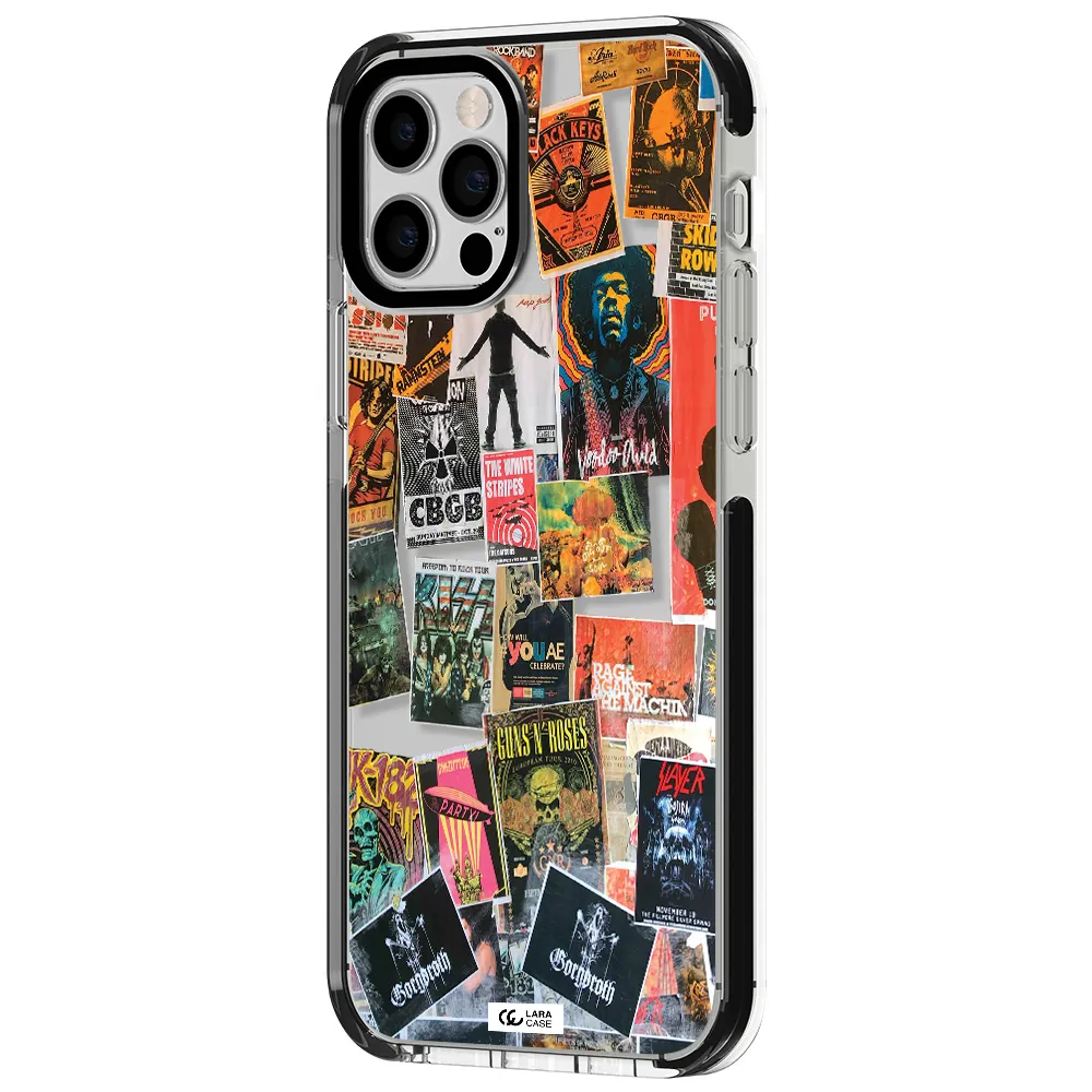 a collection of posters on a wall Apple iPhone 12 pro impact black border Case