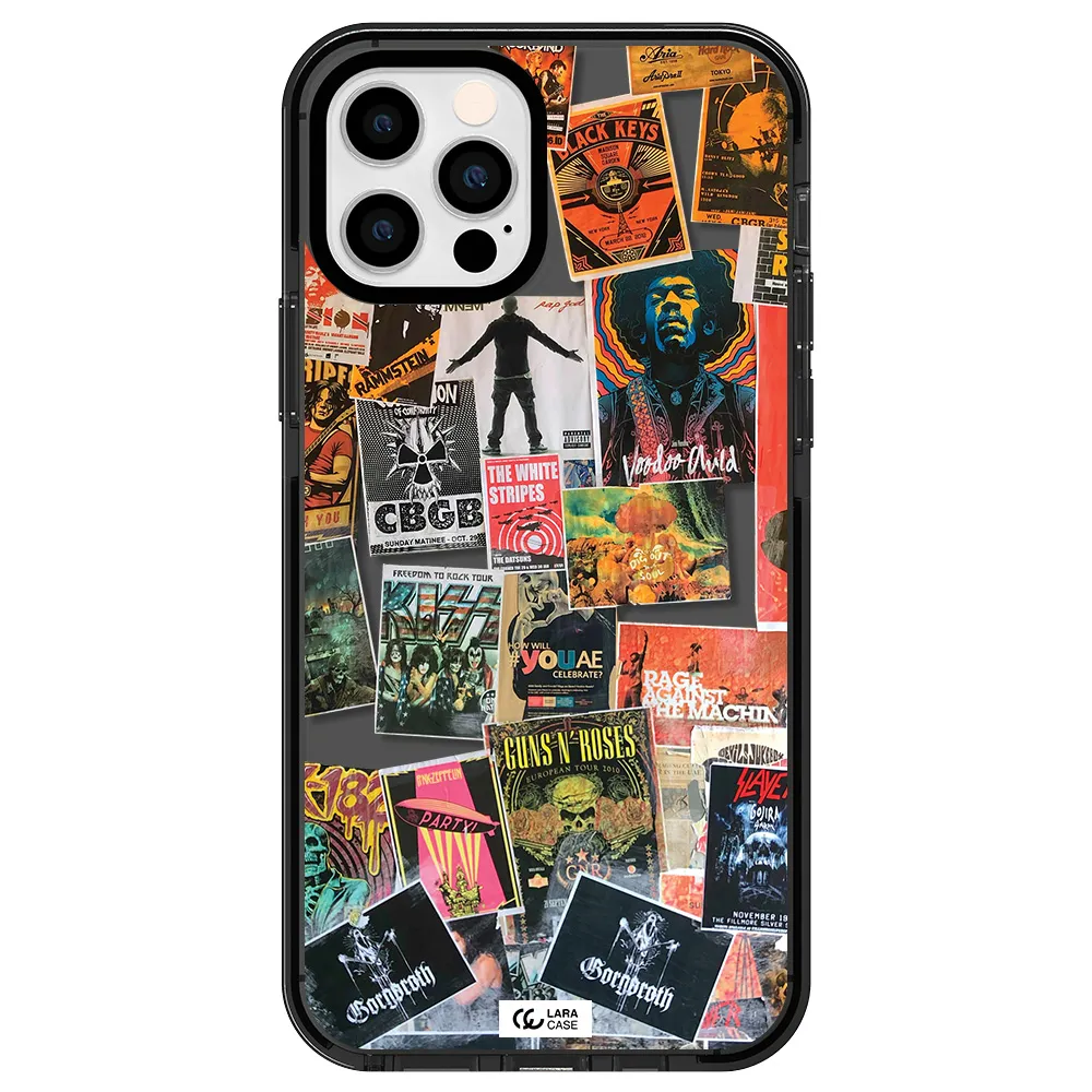 a collection of posters on a wall Apple iPhone 12 pro impact Smoke Black Case