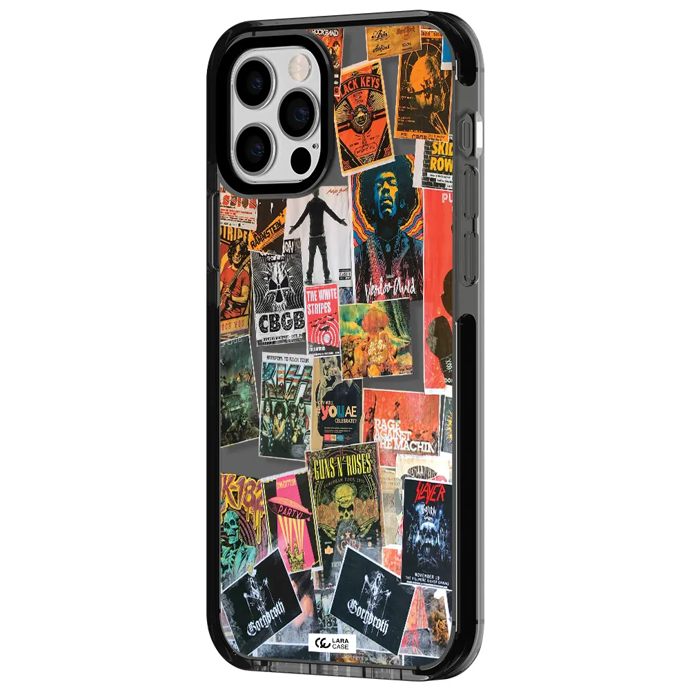 a collection of posters on a wall Apple iPhone 12 pro impact Smoke Black Case