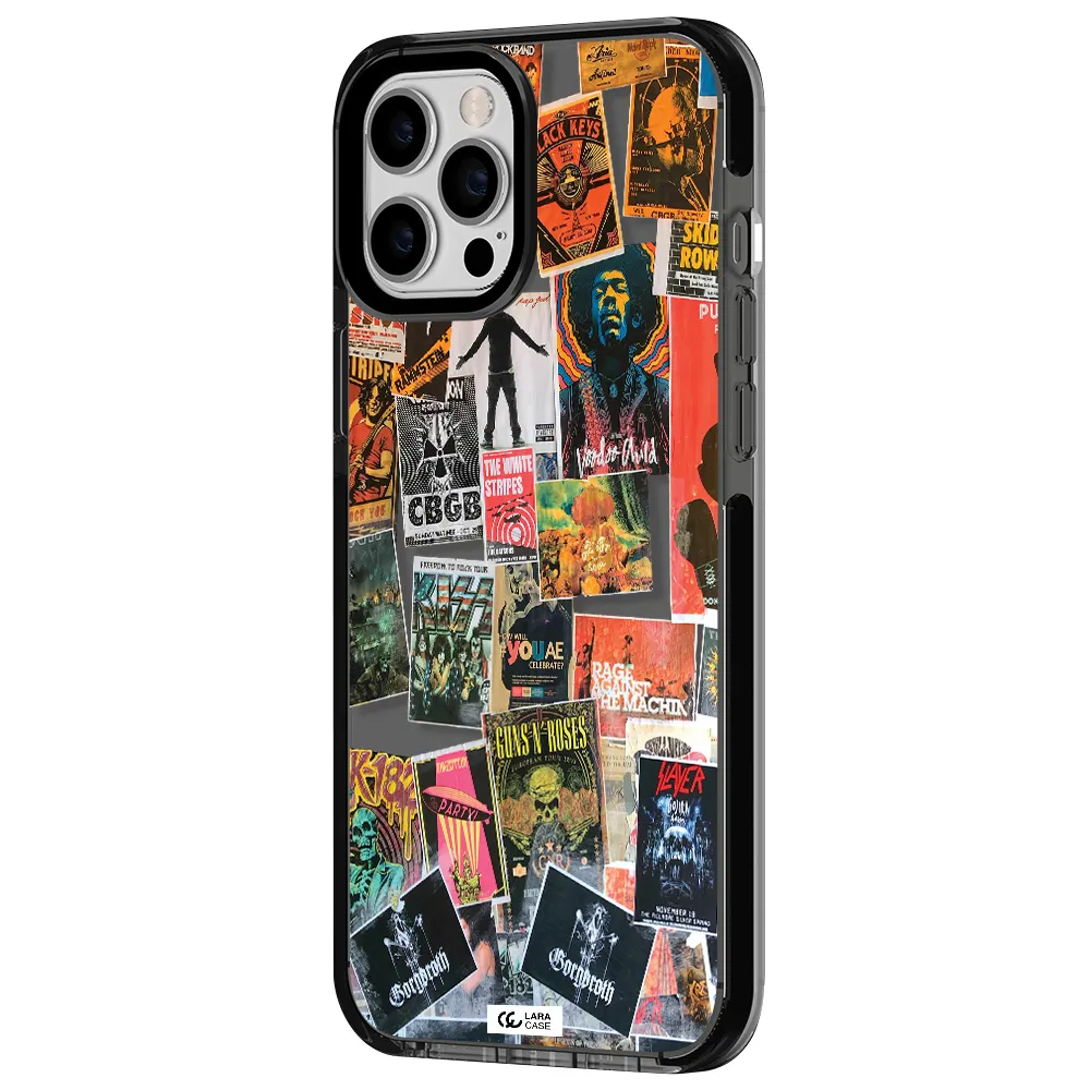 a collection of posters on a wall Apple iPhone 12 pro max impact Smoke Black Case