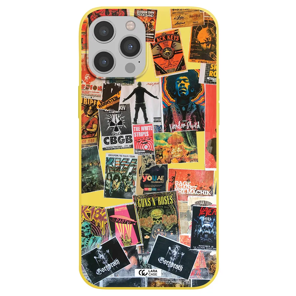 a collection of posters on a wall Apple iPhone 12 pro Silicone canary yellow Case