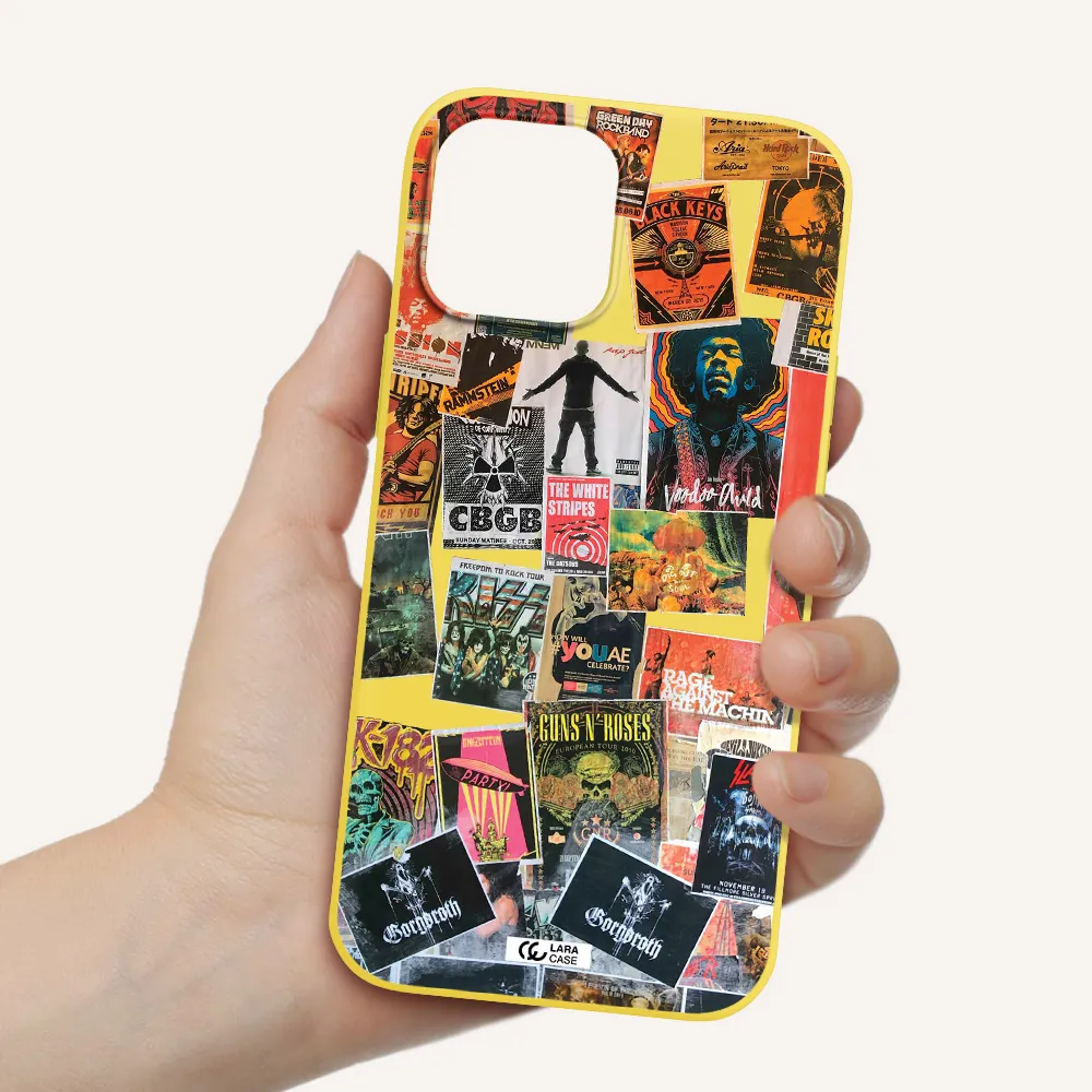 a collection of posters on a wall Apple iPhone 12 pro Silicone canary yellow Case