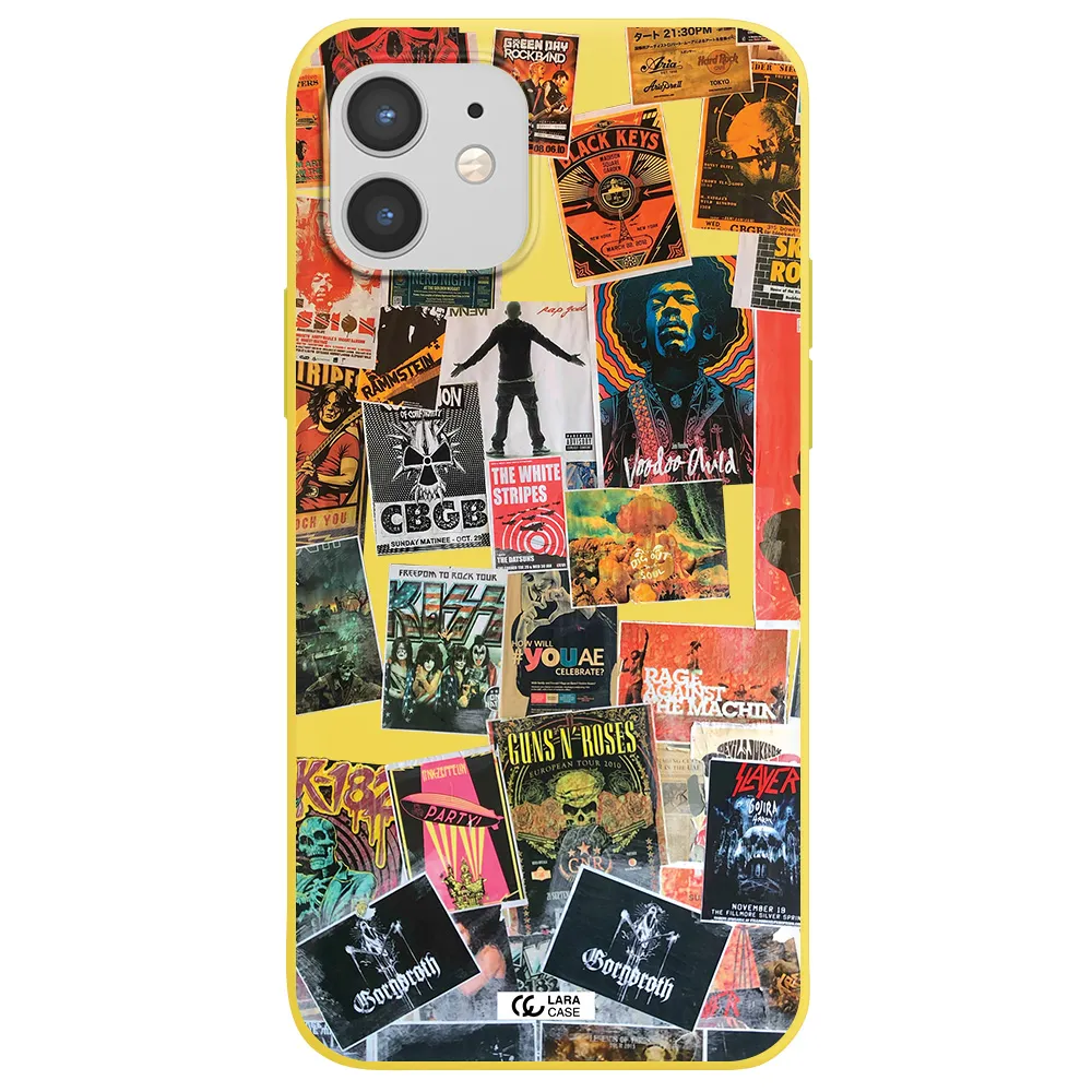 a collection of posters on a wall Apple iPhone 12 Silicone canary yellow Case