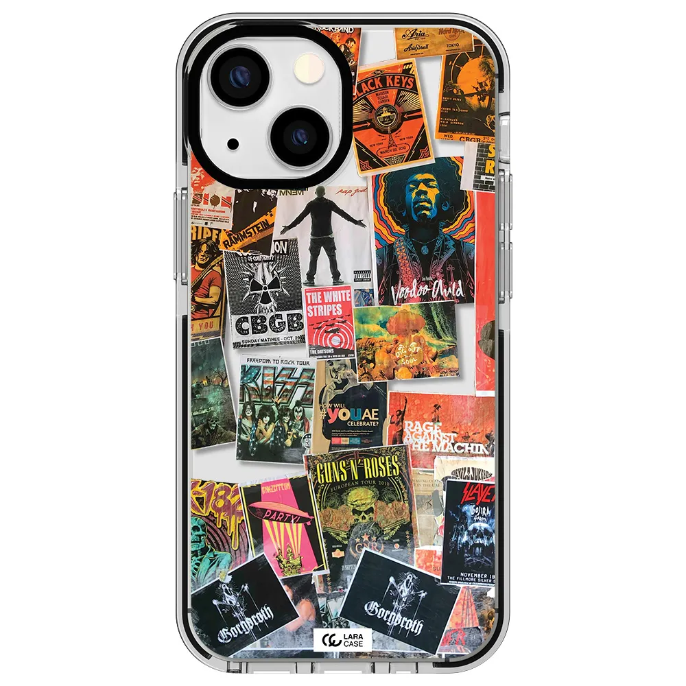 a collection of posters on a wall Apple iPhone 13 mini impact black border Case
