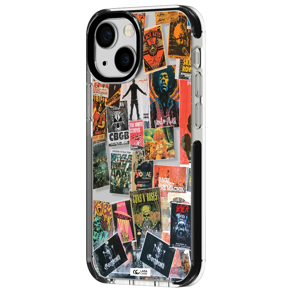 a collection of posters on a wall Apple iPhone 13 mini impact black border Case