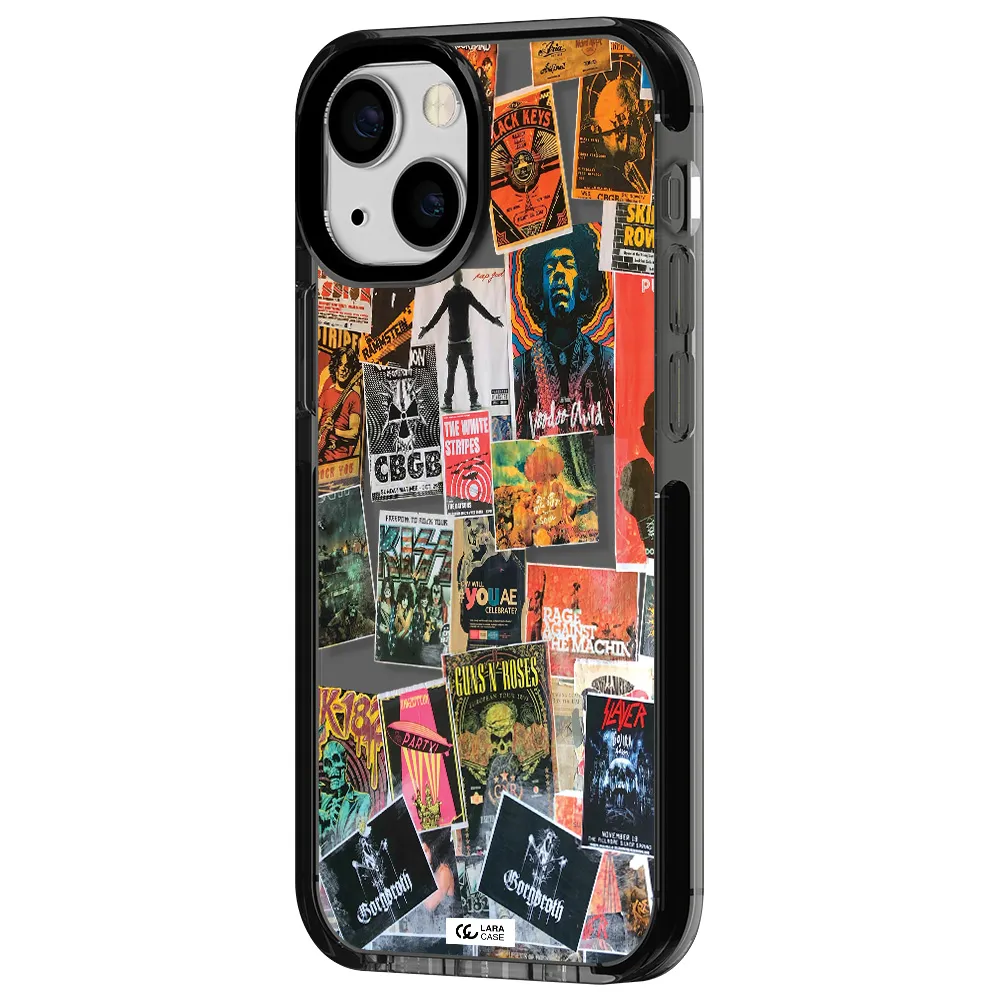 a collection of posters on a wall Apple iPhone 13 mini impact Smoke Black Case