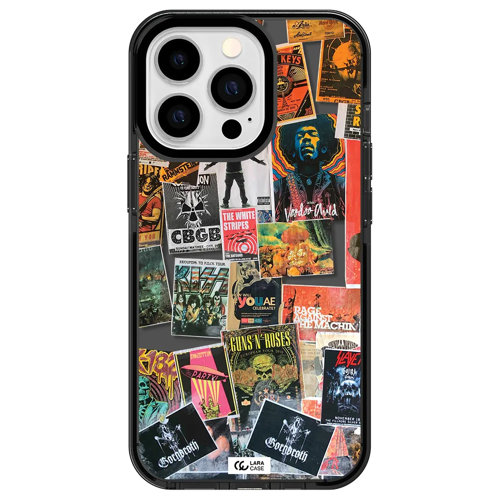 a collection of posters on a wall Apple iPhone 13 Pro impact Smoke Black Case