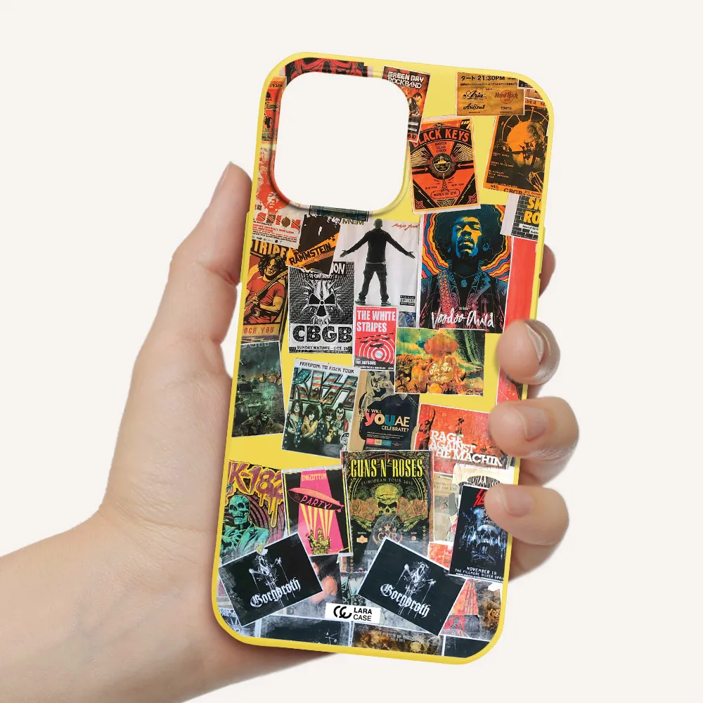 a collection of posters on a wall Apple iPhone 13 Pro Silicone canary yellow Case