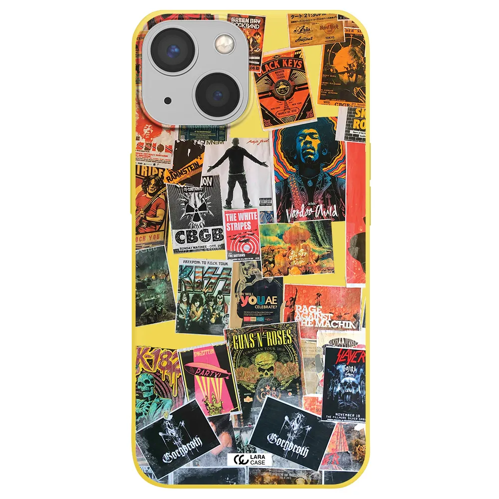 a collection of posters on a wall Apple iPhone 13 Silicone canary yellow Case
