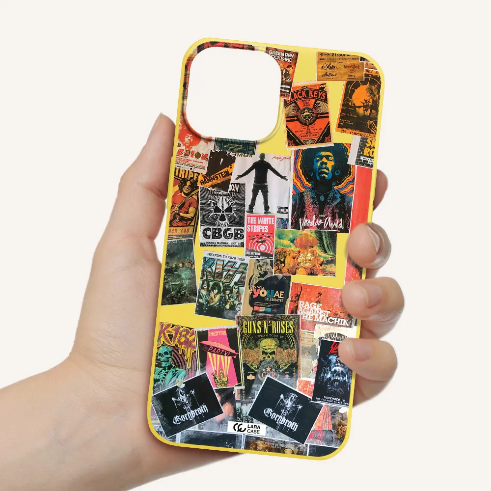 a collection of posters on a wall Apple iPhone 13 Silicone canary yellow Case