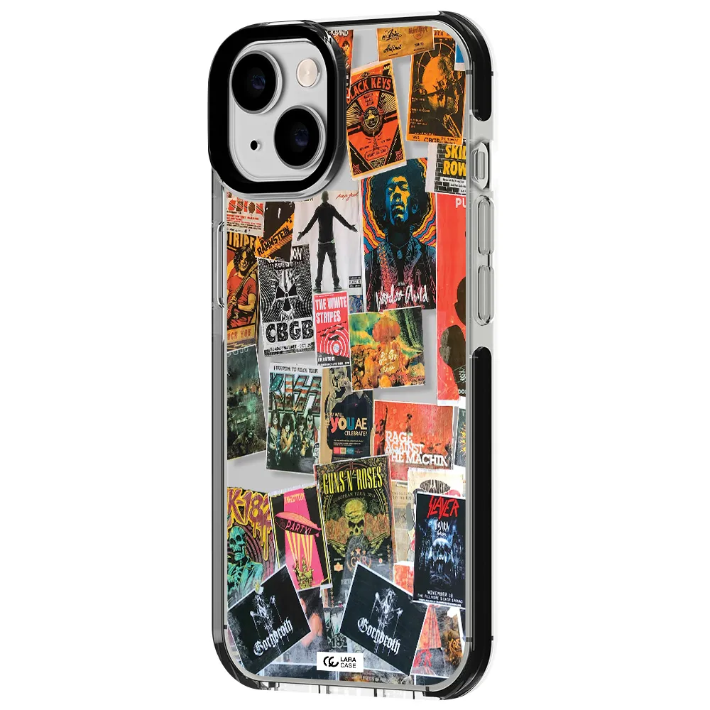 a collection of posters on a wall Apple iPhone 14 impact black border Case