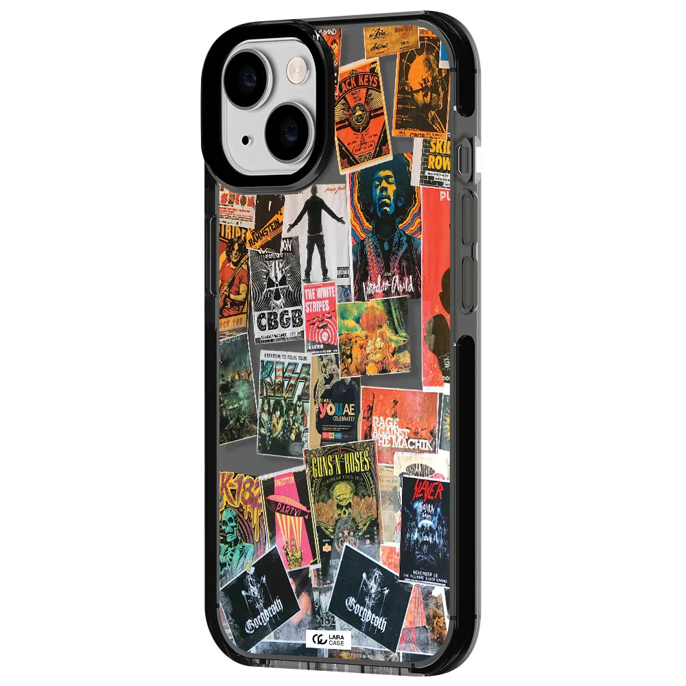 a collection of posters on a wall Apple iPhone 14 impact Smoke Black Case