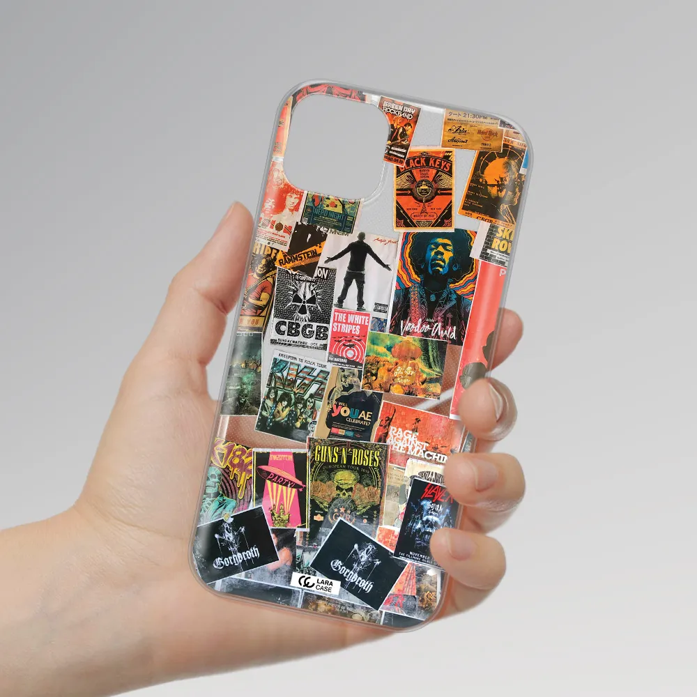 a collection of posters on a wall Apple iPhone 14 plus Clear TPU Case